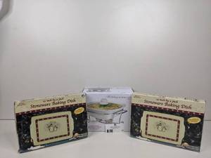 lot 17 image: Holiday Serving CollectionNew In Boxes- 2 13 Stoneware Snowmen Baking Dish Holiday by Living Quarters 1.5 Qt Covered Casserole