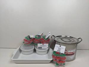 lot 19 image: Baking and Cooking EssentialsNew with Tags-Stainless Steel Stock Pot Small Porcelain Bowls with Tops, Porcelain TrayBaking Sheet, Christmas Cookie Cutters