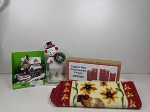 lot 24 image: Beautiful Holiday Decor CollectionNEW In Boxes-25th Anniversary Glass Plaque, Snowman Figurine Animated Holiday Village 22 x 40 Rooster Accent Rug,  Lighted Red Pillar Candle 5 Pack