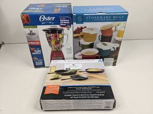 lot 05 image: Essential Kitchenwares- Oster Blender, 6 Stoneware Mugs, 3 Piece Pre-Seasoned Cast Iron PansNEW in Boxes $150 Value