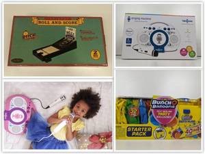 lot 43 image: Party Gift Collection NEW In Boxes-Tabletop Roll & Score Arcade Fun, Zuro Bunch-O-Balloons Self Sealing Party Balloons, Tabeoke Singing Machine