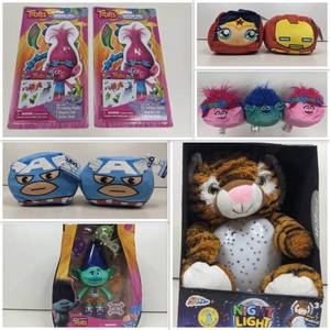 lot 44 image: Trolls and Friends Gift CollectionNEW in Boxes-Granx Night Light CuddlyProjectpr Plush Trolls Doll 2 Troll Wooden Dolls 2 Captain America Cubd Plush Cubes 3 Trolls  Cubd Plush Cubes