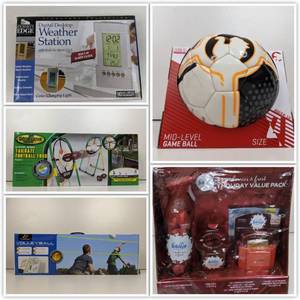 lot 45 image: Sports and Home Gifts- NEW IN Boxes- Eastpoint Volleyball Set, Go Gator Tailgate Football Toss, Mid Level Volley Ball,Journeys Edge Digital Weather Station, Febreeze Holiday Set