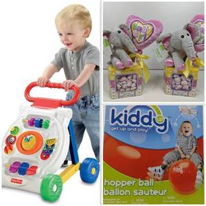 lot 46 image: Baby and Kids On The GoNEW In Boxes- Fisher-Price Activity Walker-3-6 Mos Kiddy Up Hoppy Ball -5 years  2 Baby Girl Elephant Plush and Balloon