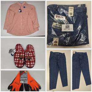 lot 34 image: Mens 7 Piece Collection- Wrangler Jeans, Izod Shirt, NHL Slippers, Thermal Knit GlovesNew With Tags