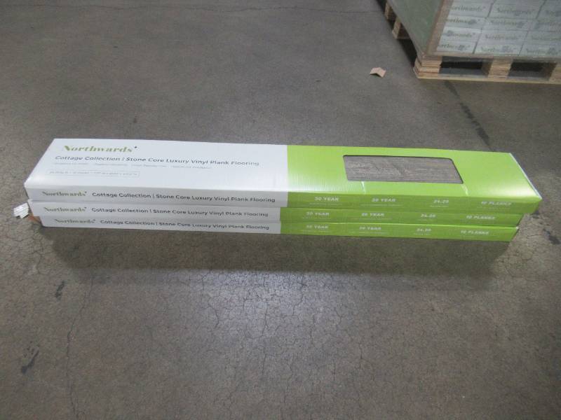 lot 203 image: 3 Cases - Quality Craft 3.5mm 7 in x 48 in Stone Core Click Heritage Pine Engineered Vinyl Plank Flooring 743ACOT870HEP-N - $145 RESERVE