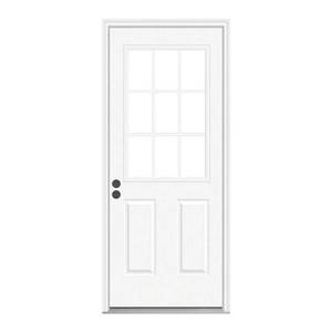 lot 131 image: Jeld-wen 36 in. x 80 in. 9 Lite Primed Fiberglass Prehung Front Door with Brickmould, Left Hand Inswing, F63081. - Slight Scratch and Dent.