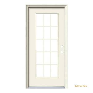 lot 132 image: Jeld-wen 36 in. x 80 in. 15 Lite Primed Steel Prehung Left-Hand Inswing Front Door wBrickmould, THDJW166500736 - Slight Scratch and Dent, Cracked Jamb and Loose Threshold.