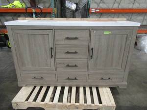 lot 141 image: Glacier Bay Kendall 60 in. W x 34.5 in. H Bath Vanity in Distressed Oak with Engineered Stone Vanity Top in White with White Basin, RH Door dings, small chip in back of top.