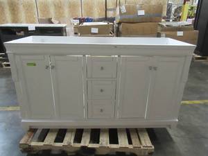 lot 142 image: Foremost Naples 60 in. W x 21-58 in. D x 34 in. H Vanity Cabinet Only in White - Some slight damage over center top drawer.