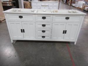 lot 143 image: 72 x 20 12 x 33 12 Vanity in White - ModelManufacturer Unknown - Damage on LH Backside.