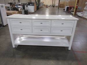 lot 144 image: Home Decorators Collection Austell 67 in. W Double Bath Vanity (Bottom RH Drawer has Broken Glide) in White with Natural Marble Vanity Top (DamagedCracked LH Basin Cracked).)