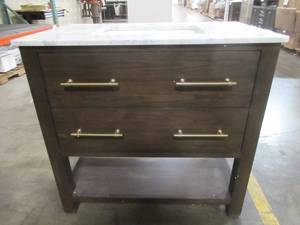 lot 221 image: Windwood 36 in. W x 22 in. D Bath Vanity in Brown Oak with Natural Marble Vanity Top in Carrara White with White Basin - Top is cracked.