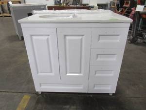 lot 222 image: Home Decorators Collection 36 in. Metal Bathroom Vanity in White with Iced White Engineered Marble Vanity Top with White Sink - Top is Broken.
