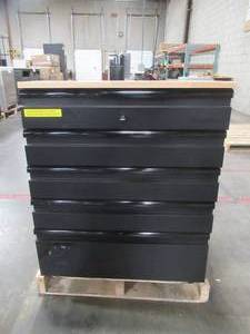 lot 228 image: Husky Heavy Duty Welded 28 in. W x 36. in H x 21.5 in. D Steel Garage 5-Drawer Base Cabinet - Damage to top and Back Corner and Bottom Drawer of Cabinet. - All Drawers LockOpen and function.