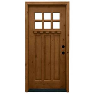 lot 150 image: Steves & Sons 36 in. x 80 in. Craftsman 6 Lite Stained Knotty Alder Wood Prehung Front Door, A3306-6-AW-MJ-4ILH. - Some Small Surface DamageScuffs