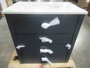 lot 270 image: Twin Star Home Dresser Style 30 in. Bath Vanity in Franklin Blue with Stone Vanity Top in White and White Basin - Legs not attached, small chip in front bottom of vanity top.