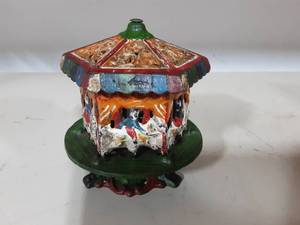 Cast Iron Spinning Merry Go Round Carousel Mechanical  Coin Bank 4-34 Tall