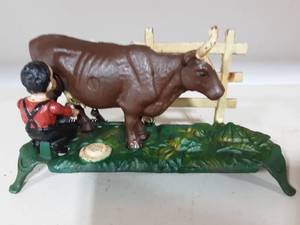 Cast Iron Farmer Milking Cow Mechanical Coin Bank