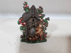 Cast Iron Bee Hive Honey Mama Bear & Baby Bear Penny Bank 5-12 Tall