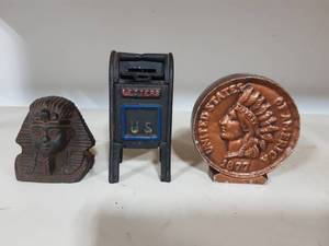 Indian Head Replica Cast Bank, US Mail Box Cast Bank & Pharoh Cast Bank
