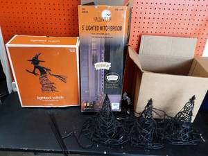 lot 18 image: 5 Ft. Lighted Broom, 2 Ft. Lighted Witch, 3-Lighted Witch Hat Yard Signs
