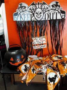 lot 24 image: Large Pumpkin, Keep Out Door Streamers, Long Pennant Banner With Haunted HouseWitchBlack Cat, Cute Sign