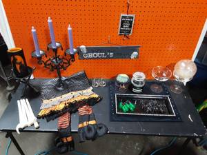 lot 38 image: Candelabra, Candles, Table Runner, Rhinestone Tray, Witch Finger & Spider Pins
