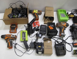 lot 863 image: Assorted Lot of Power Tools -  Batteries, Chargers, and Tools - Ryobi, Ridgid, Makita, Hoover, Etc