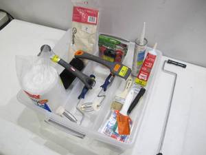 lot 892 image: Assorted Lot of Painting Supplies and Accessories - Scraper, Brush, Rollers, Epoxy, Caulk, Drop Cloth