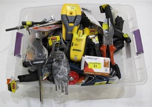 lot 920 image: Box Lot of Assorted Hand Tools, Hardware, Construction Items - DeWalt, Husky, Arrow, Crescent, Rubbermaid