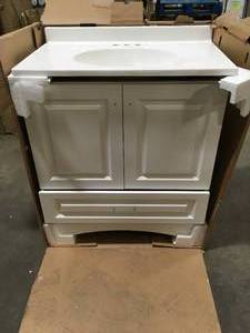 lot 8 image: Lancaster 30 in. W Bath Vanity in White with Cultured Marble Vanity Top in White by Glacier Bay Customer Returns  See Pictures