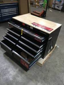 lot 17 image: 46 in. W x 24 in. D 9-Drawer Gloss Black Deep Tool Chest Mobile Workbench with Hardwood Top by Husky slight damage see pictures Customer Returns See Pictures