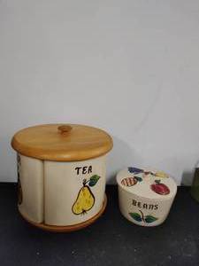 Set of  Vintage Lazy Susan Canisters and Bean Pot