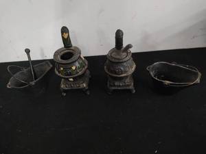 Two Iron Pot Belly Stoves & Two Coal Buckets