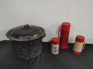 Enamel Pot and Three Vintage Thermoses