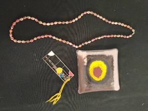 Handmade Glass Trivet, Glass Beaded Necklace, and Frank Lloyd Wright Bookmark