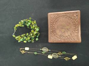 Hand Carved Wood Box with Two Necklaces