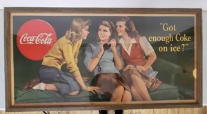 lot 01 image: Extremely Rare Vintage Large 59 x 30  Framed1945 Coca-Cola Lithograph Advertising Sign