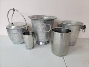 lot 09 image: 5 Vintage Elegant Galvanized and Hammered Steel Ice Buckets
