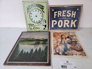 lot 33 image: 4 Pieces of Vintage Artwork-Still Life Acrylic Painting on Wood13 x 16 Fresh Pork Poster 14 x 11 Vintage Mexican Calendar Art Tianguis by Jesus Helguera 11 x 14 Homemade Pies Metal Clock Sign (missing hands, just a clock for show)10 x 13