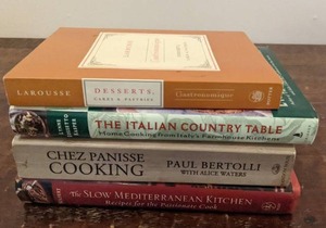 lot 86 image: Vintage Cookbook Collection-Larousse Gastronominique Desserts Cakes and Pastries The Italian Country Table  Chez Panisse Cooking by Paul Bertolli with Alice Waters The Slow Mediterranean Kitchen Recipes For Passionate Cooks by Paula Wollfert