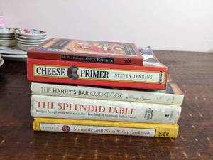 lot 90 image: 5 Vintage Chhese , Spice & Wine Cookbooks-Autographed Mustards Grill Napa Valley by Cindy Pawlcyn Spice Kitchen-50 Recipes Introducing Aromatic Spices & Aromatic Seeds Cheese Primer 1996 The Splendid Table 1992 The Harrys Bar Cookbook 1991