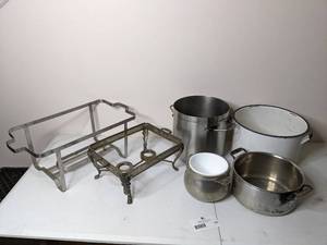 lot 129 image: Vintage Heavy Duty Sauce Pots and Chaffing Dish Holders-2 Chafing Dish Holders,Large Heavy Duty Aluminum Sauce Pot Medium Heavy Duty Aluminum Sauce Pot Large Enamelware Sauce Pot Stainless Steel Serving Pot