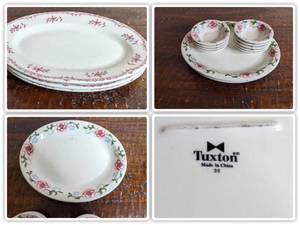 lot 83 image: 16 Piece China Collection- (3) Tuxton Platters 10.5 x 15,  (9) Tuxton Bowls 4.5 x 1.5, (2)  Tuxton Platters 10.25 x 12, (2) New Ivory Floral Platter 10.25 x 14