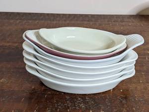 lot 14 image: Vintage 6 Piece Porcelain Casserole Collection-Pink & White H.F.  Coors China Casserole 5 x 10 Hall White Casserole 8 x 4 White Casserole 6 x 11 4 iti China Casseroles 6 x 11