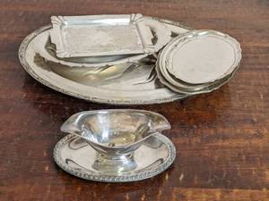 lot 17 image: 7 Vintage Piece Silver Serving Collection-Gravy Post, Serving Platters, Meat Platter