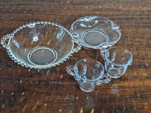 lot 20 image: 5 Piece Vintage Candlewick Collection-Sugar Bowl,Creamer,Candy Dish,Bowl,Relish Bowl