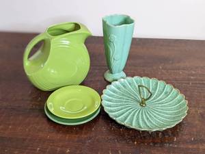 lot 26 image: Gorgeous Vintage Early Fiestaware and More Collection-2 Shell tray 10 x 10 Fiestaware Pitcher  Green Plate  6 6 Syracuse China PLate 7 x 7 Flower Vase (Minor Chip) 8