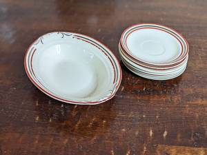 lot 47 image: 7 Piece Vintage Porcelain Collection-Castleton Studion Glen Arden Hand Painted Saucer 5.75 Crown Potteries Bowl 7 x 9.25 5 Crown Potteries Saucers 6